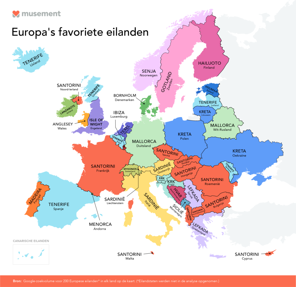 Een kaart van Europa waarin het favoriete eiland van elk land genoemd is