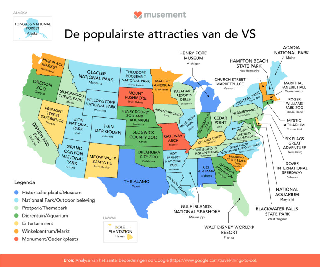 een kaart van de VS met daarop de populairste attractie in elke staat