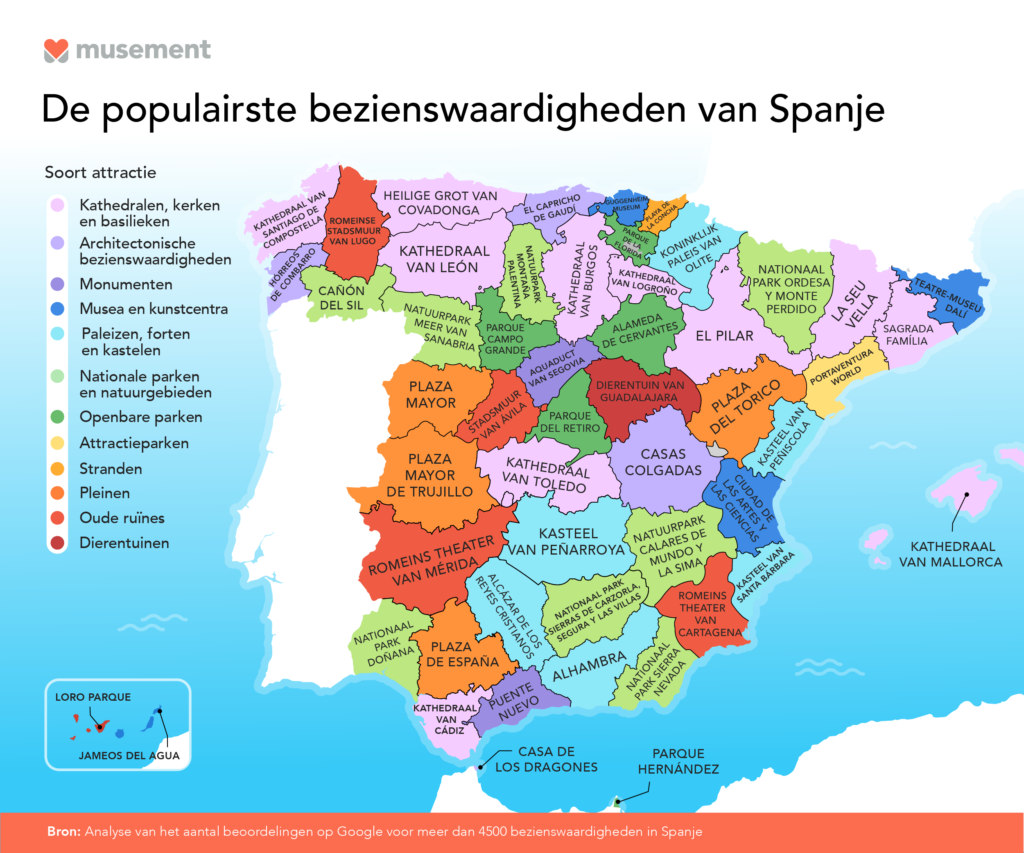 Een kaart van Spanje met daarin de populairste bezienswaardigheid in elke provincie
