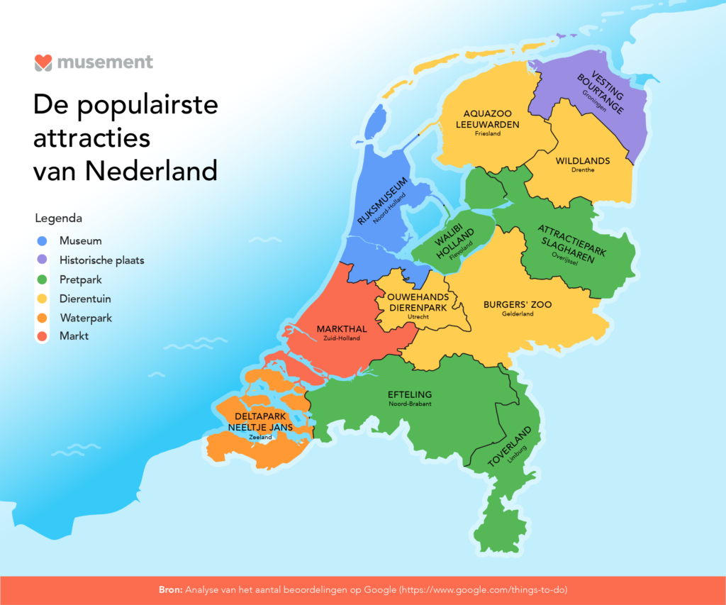 Kaart van Nederland met daarop de populairste attractie in elke provincie