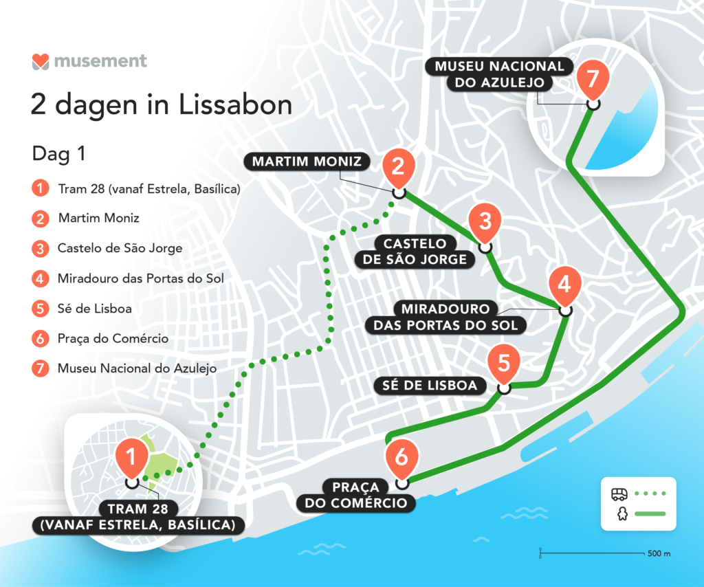 Kaart met dag 1 in Lissabon
