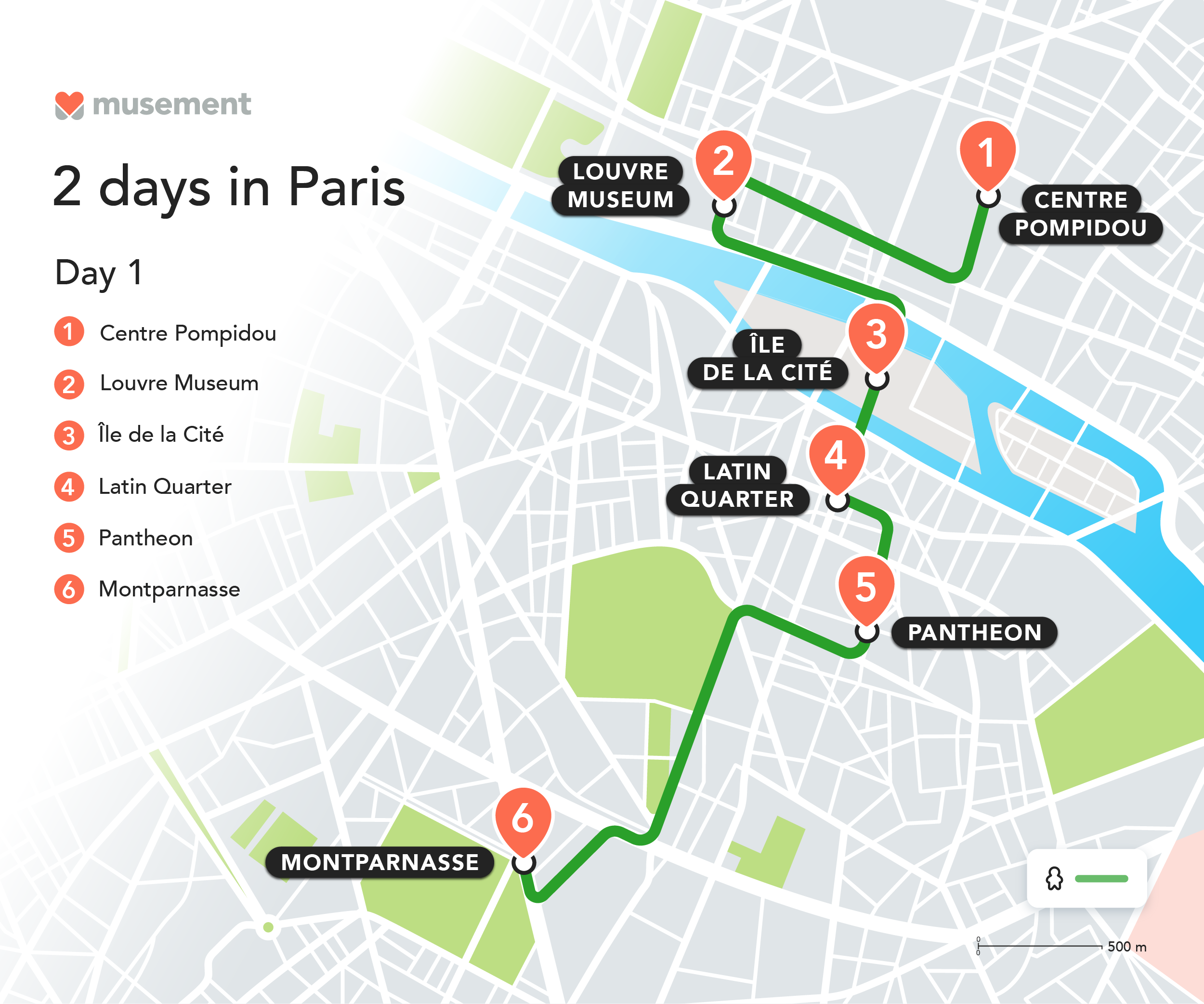 paris itinerary map day 1