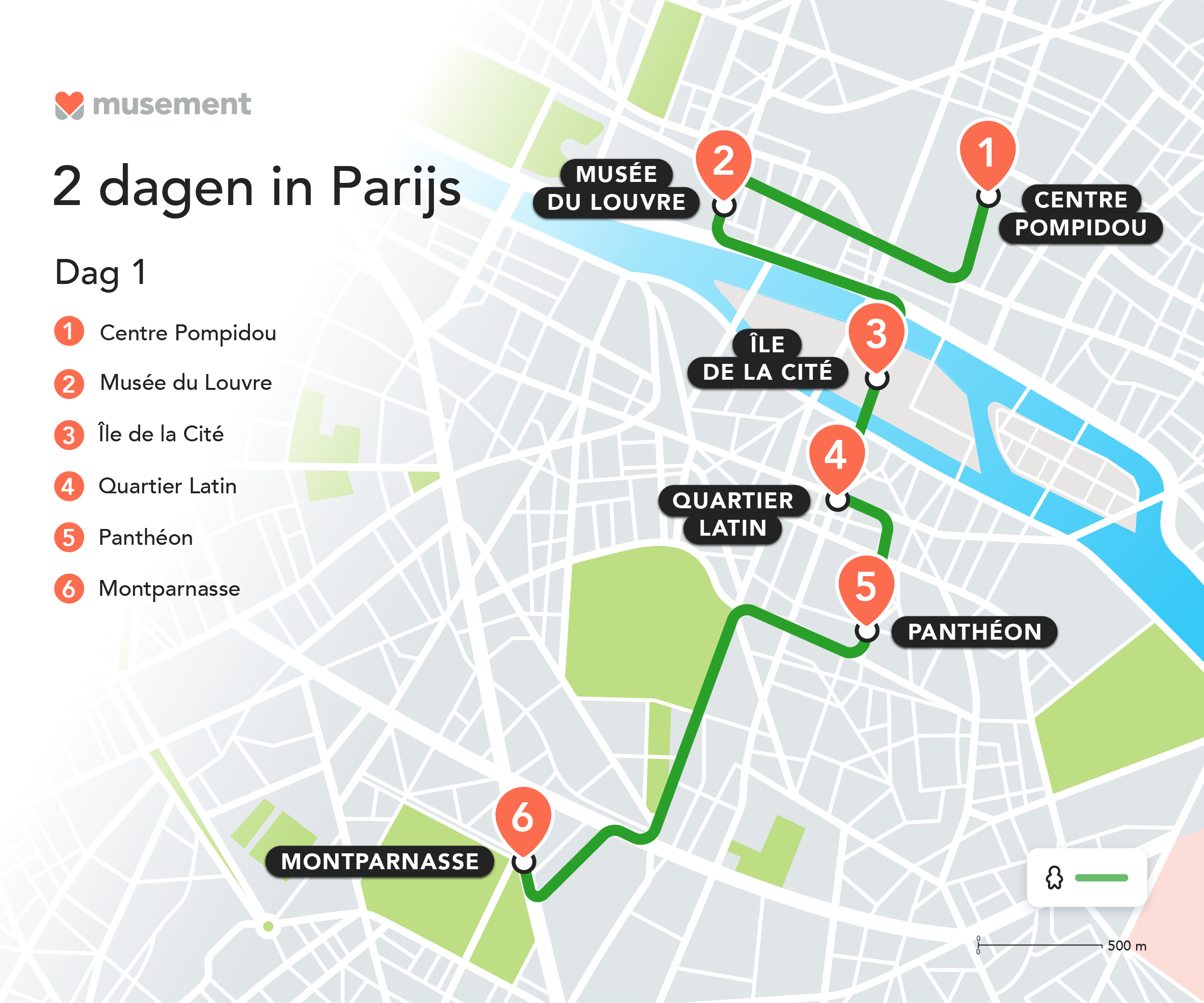 kaart Reisroute Parijs Dag 1
